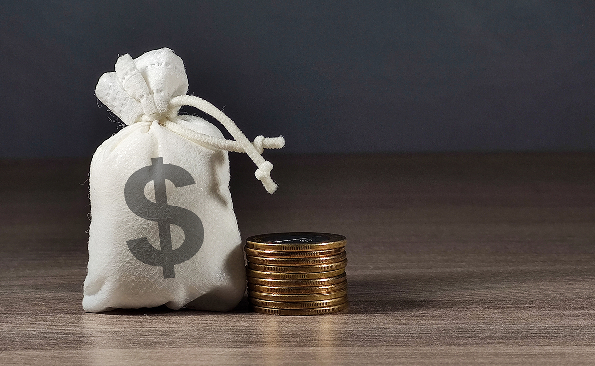 Bag with dollar symbol beside coins.