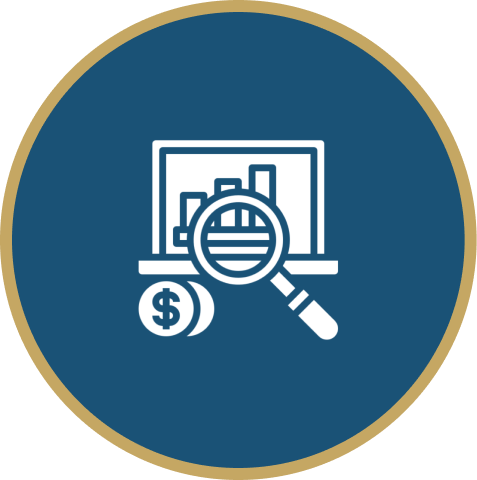 Icon of financial analysis with magnifying glass and dollar symbols.