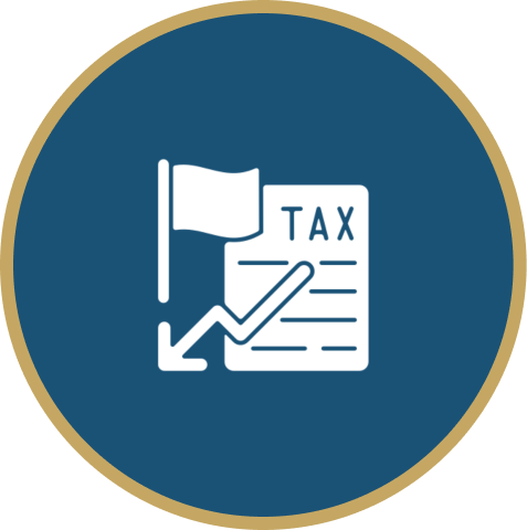 Icon showing a tax document with a flag and a checkmark.